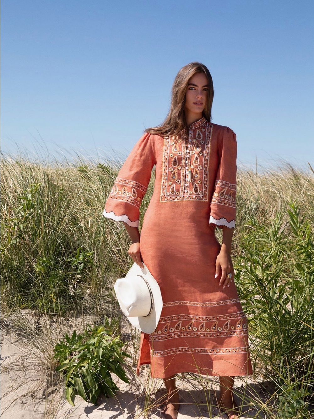 ASHA Embroidered Maxi Dress in terracotta linen